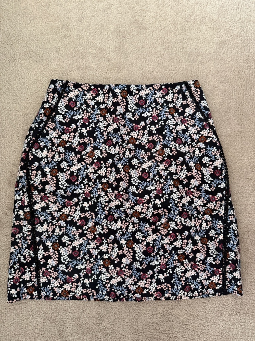 LOFT Black Floral Mini Skirt with Pink, Blue & Brown Accents